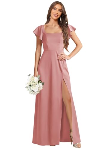 Satin Bridesmaid Dresses for Women Short Sleeve Ruched A Line Evening Party Dress