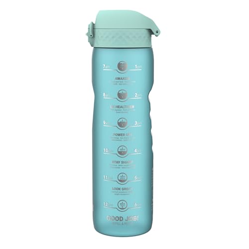 ion8 Botella de Agua 1 Litro Con Marcador de Tiempo, 1000 ml, a Prueba de Fugas, Asa de Transporte, Apta para Lavavajillas, Sin BPA, Agarre Contorneado, Ideal para Gimnasio, Azul Sónico Motivador