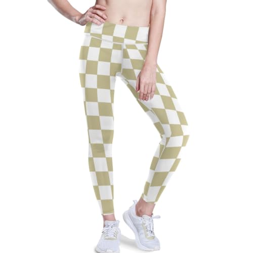 Mallas de yoga con control de abdomen para mujer en cuadros amarillos y blancos talla XS a XXL