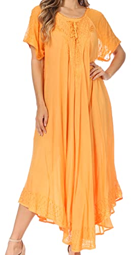 Image of Sakkas Egan Long Embroidered Caftan Dress /Cover Up with Embroidered Cap Sleeves