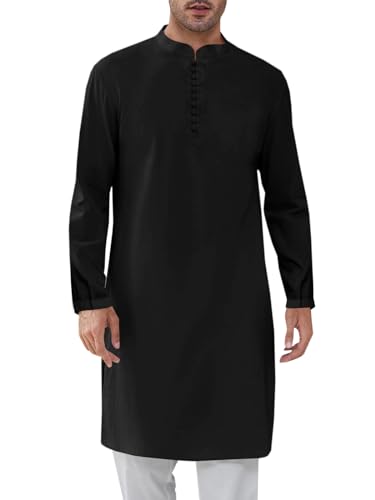 Runcati Mens Kaftan Thobe Button Down Henley Shirts Robe Long Sleeve Casual Cotton Linen Muslim Gown Shirt