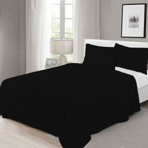 100% Egyptian Cotton Flat Sheet Super Soft Breathable Hypoallergenic Easy Care 200 Thread Count Bed Flat Sheet Hotel Quality Bedding Set (Black, Single)