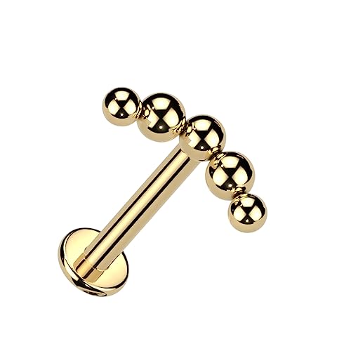 Amelia Fashion Implant Grade Titanium Internally Threaded Labret With Curved 5 Beaded Ball Top (16GA - Gold)
