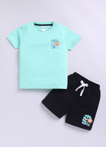 Image of LITTLE NINJA Cotton Half Sleeves Beach Theme Printed Coordinating Tee & Shorts Set - Green & Black