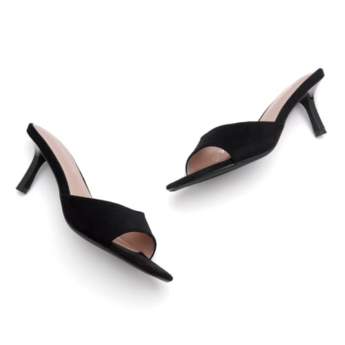 Image of Shoe Land Women's Low Heels Stiletto Heeled Slides, Open Toe One Band Slip-On Heeled Mules - Dressy Heeled Sandals for Prom, Party Wedding and Vacation