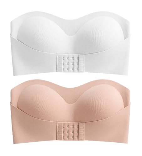Strapless Bra 2PCS Anti-Slip Invisible No Show Wireless Padded Front Closure Push Up Seamless Removable Straps Daily Wear White/Nude S