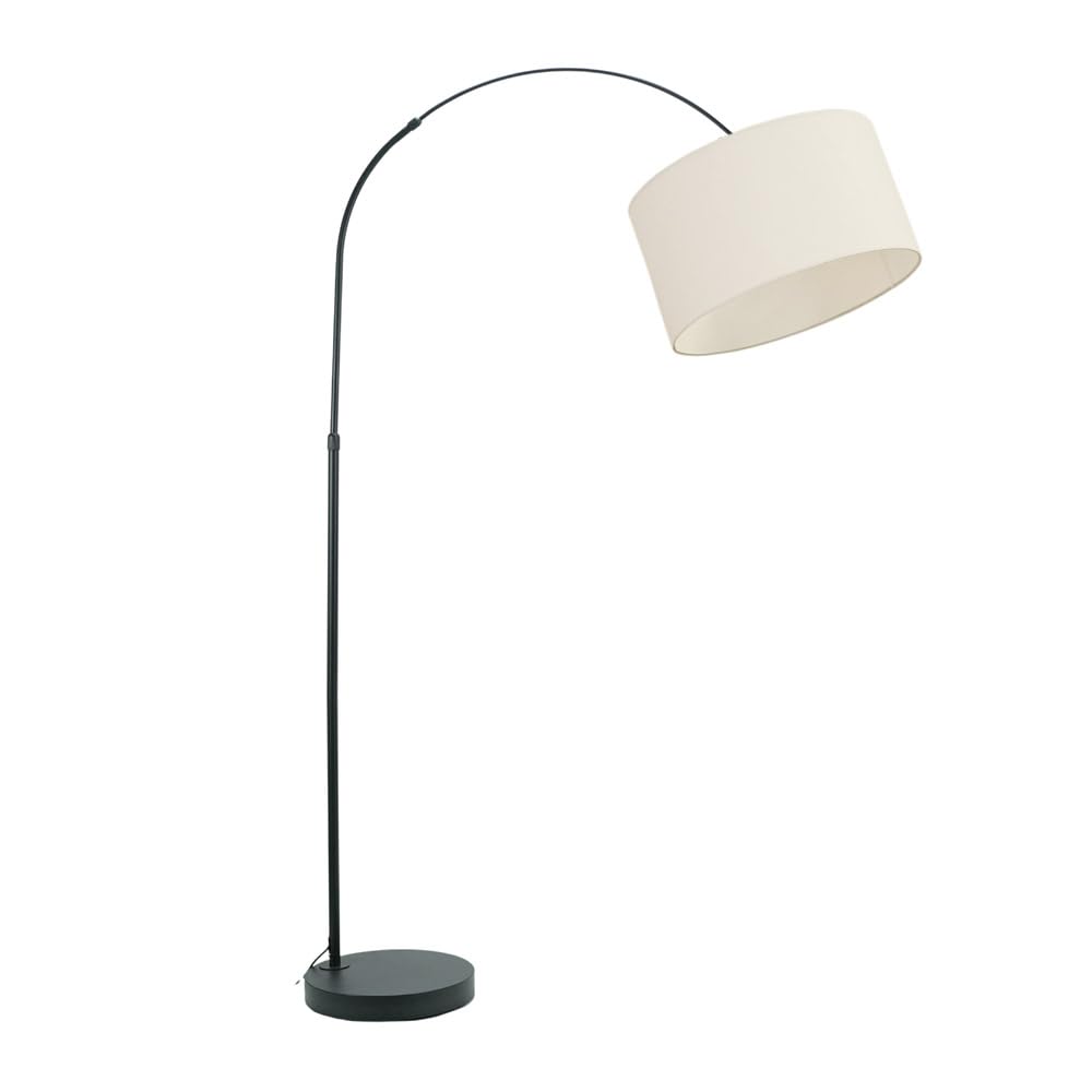 ValueLights Louis White Fabric Drum Shade Black Curved LED Floor Lamp - Black Metal Arch Design - Ideal for Reading - H180 x W45 x D105cm