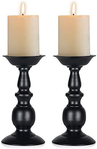 Nuptio Black 2 Pcs Iron Pillar Candle Holders, Ideal for 80mm Pillar Candles or Flameless Led Candles, Halloween Christmas Candle Holder Decorations, Gifts for Wedding Party Home Spa Reiki(2 x S)