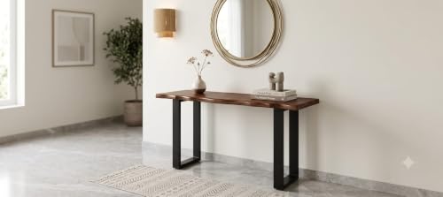 Image of Sheesham Wood Live Edge Console Table for Living Room & Entryway | Solid Wooden Legs | Modern Hallway Sofa Table | Rustic Accent Table for Foyer, Fish Tank & Bedroom | Light Walnut Finish