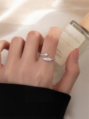 CZ Leaf Star Stacking Statement Ring for Women Silver Plated Adjustable Expandable Crystal Celestial Open Wrap Finger Rings Comfort Fit Fashion Promise Holiday Party Jewelry Gift4