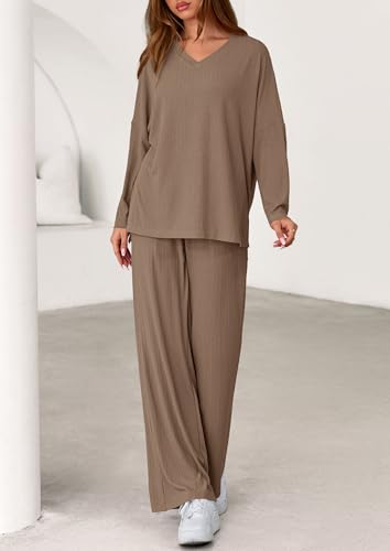 PRETTYGARDEN 2 Piece Lounge Sets for Women Fall Outfits 2025 Casual Loose Long Sleeve Tops Wide Leg Pants Matching Pajama Set