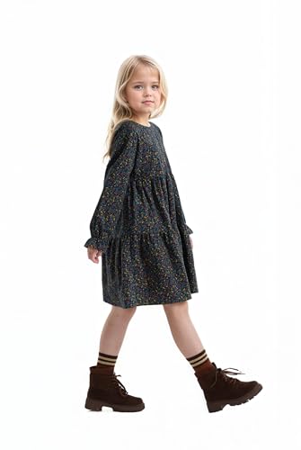 solomate Girls Floral Round Neck Long Sleeve Dresses Elastic Waist Cuffed Sleeves Print Dress for Kids3