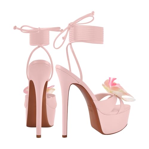 Women's Floral Round Toe Platform High Heels Lace Up Strappy Heeled Sandals2
