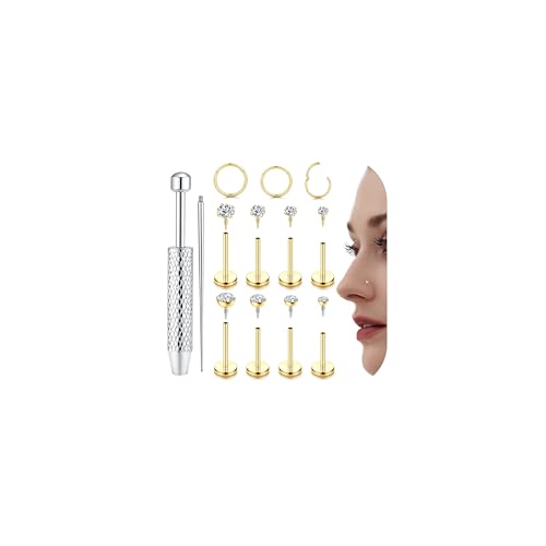 CASSIECA 14K Gold Plated Flat Back Nose Rings Studs CZ Piercing Jewelry18G