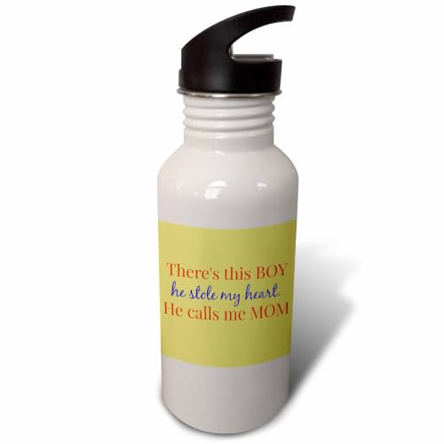 3dRose "Theres this boy, he stole my heart, he calls me mom, yellow background" Sports Water Bottle, 21 oz, White