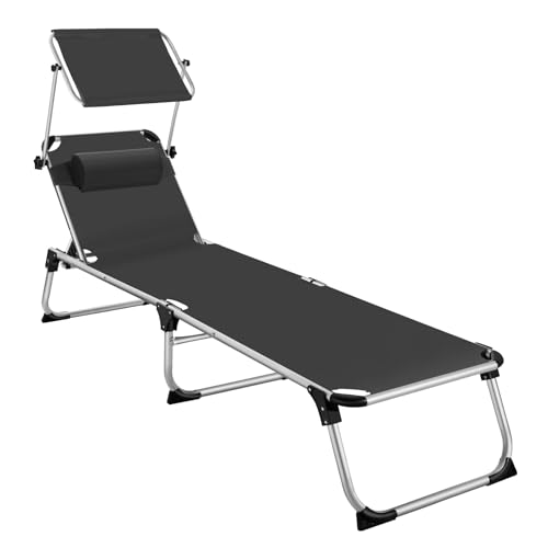 TecTake® Tumbona Plegable con Toldo y Respaldo Regulables, Tumbona Piscina Resistente a la Intemperie, Tumbonas Jardín Exterior con Parasol, Tumbona Playa Carga Máx. 120 kg, Fácil Transporte - Negro