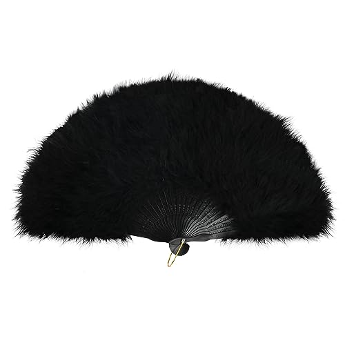 FYYTARO Feather Hand Fan, 1920s Vintage Style Marabou Feather Fan, Folding Handheld Feather Fan for Costume Show Dress Dance Party Wedding Photoshoot - Black