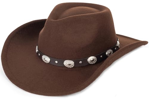 Eohak Womens Western Cowboy Hats Studded Pinched Western Cowgirl Hats Wide Brim Fedoras Hat with Belt Buckle (Size:Medium) (US Alpha Medium Coffee - Round Rivets)