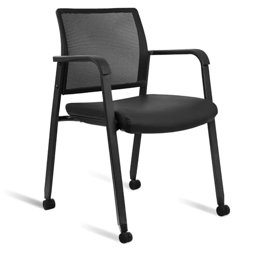 Image of CLATINA Mesh Back Guest Reception Stacking Chair with Wheels, Waiting Room Stackable Chairs with Upholstered Leather Seat & Ergonomic Lumbar Support for Office Conference School Study Lobby, Black
