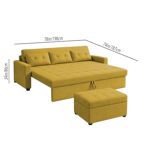 Image of Emilio 3 Seater with Ottomon Pull-Out Sofa Cum Bed (Yellow Color) Premium Fabric Sofa Set for Living Room | Bedroom