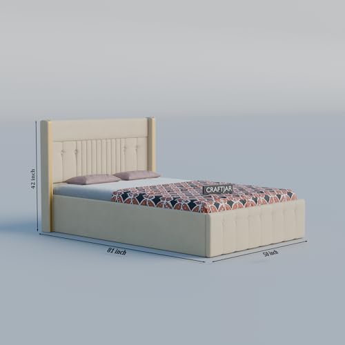 Image of Solid Wood Upholstered Single Bed for Bedroom with Storage | Premium Fabric with Button Tufted Headboard | Wooden Single Cot /Palang for Home | Modern Single Bed | Cream