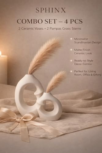 Image of Como Boho Vase Set with 2 Pampas - Modern Ceramic Hollow Donut Vases for Home Decor, Neutral Minimalist Table Centerpiece, Rustic Farmhouse Shelf Decoration, Beige Nordic Aesthetic Gift Set