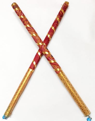 Archy Creations Dandiya Dance Sticks, Multicolor Striped Pattern with Ghungharu at end with Gold Accents, Traditional Folk Dance Accessories for Dandiya, Garwa Dance (1 Pair) (Maroon Bandhani Golden)