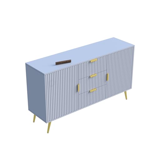 Image of Wooden Sideboard Cabinet for Living Room | Side Board with 3 Drawers & 2 Doors Cabinet Storage for Dining, Drawing and Home Office | HDMR Premium Wood & Iron(Grey & Golden)