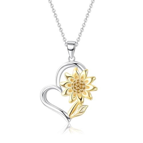 MILACOLATO 925 Sterling Silver Sunflower Necklace 14K Gold Plated You're My Sunshine Sunflower Heart Pendant Necklace Cubic Zirconia Sunflower Jewelry Gift for Women Mom