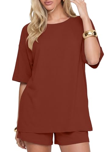 Image of Darong Women's 2 Piece Shorts Set Loungewear | oversized tshirts,crew neck top,drawstring shorts,elastic waist, side pockets,summer travel outfits