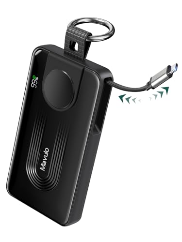 Mavulo 3-in-1 Portable Charger 10000mAh Power Bank for Samsung Galaxy Watch, Retractable USB-C Cable, 20W PD Fast Charging, LED Display & Keychain Battery Pack for iPhone 17/16/15 Air Pro Max Plus/S25