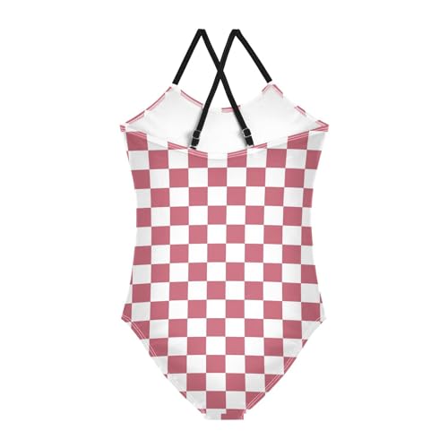 Image of Black and White Chess Girls One Piece Swimsuits Board Marble Tile Sport Halter Swimwear Beach Bathing Suit 3T