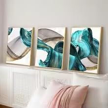 KEMEIQI 2D Flat, 2D Flat 3 pezzi UnRuly Poster ad acquerello di dipinto su tela blu con nastro dorato verde Arte moderna da parete Foto (80x160cmx3/Senza cornice)