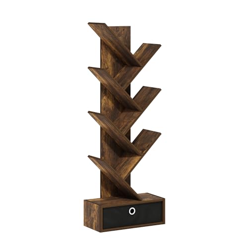 Image of Furinno Tree Book Shelf, 7-Tier Bookshelf, Tree Bookcase with Bin Drawer, 8.4 x 16.9 x 46.2, for Living Room, Bedroom, Home Office, Amber Pine /Black