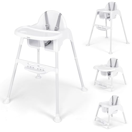 COSTWAY 4 en 1 Tronas de Bebe, Trona Portatil con Bandeja Ajustable y Extraíble, Silla Alta para Bebés y Niños, Silla de Comer Convertible con Arnés de Seguridad y Reposapiés (Blanco)
