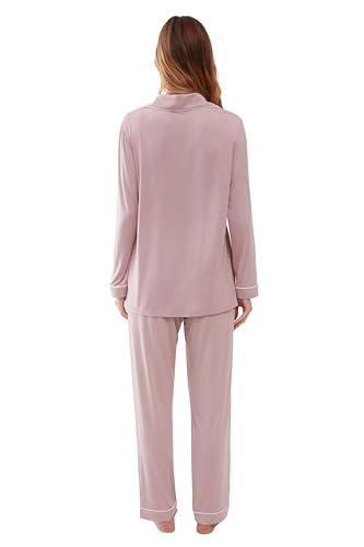 Image of Joyaria Women's Cooling Bamboo Viscose Pajama Set Long Sleeve Button Front | Hot Sleeper Comfort . Cooling Relief . Lightweight Feel for Sleeping & Lounging