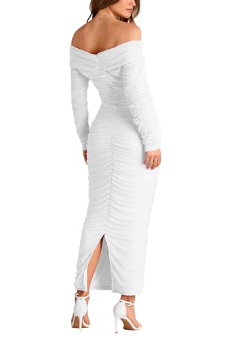 PRETTYGARDEN Women's Fall Off The Shoulder Maxi Dress Spring Long Sleeve Ruched Fitted Bodycon Club Dresses with Slit