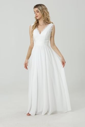 Image of Ivory Lace A-line Boho Wedding Dress Chiifon V-Neck Long Zipeer Beach Bride Gowns for Women