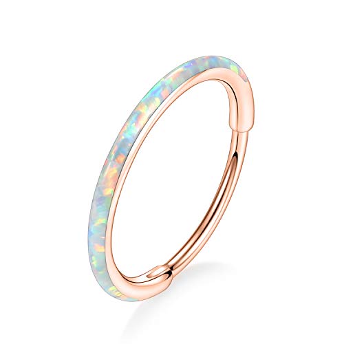 AROWRO Nose Rings Hoops with White Opal Hinged Nose Rings for Women Rose Gold Surgical Steel Septum Rings 20G 8mm Conch Helix Daith Piercing Jewelry