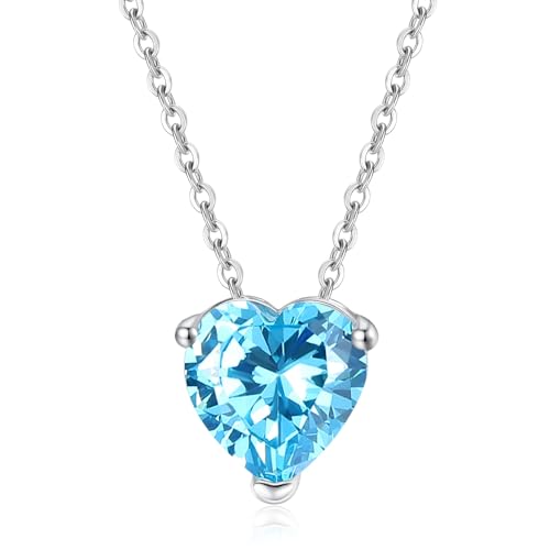 GAVU Collar para Mujer con Solitario en Forma de Corazón de Circonita Cúbica Color de Aguamarina con Cadena de Plata de Ley 925