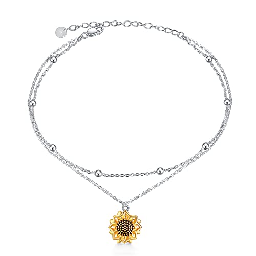 Image of POPLYKE 925 Sterling Silver Double Layered Chain Evil Eye Daisy Sunflower Butterfly Anklets for Women Holiday Beach Crystal Ankle Bracelet Dainty Evil Eye Jewelry