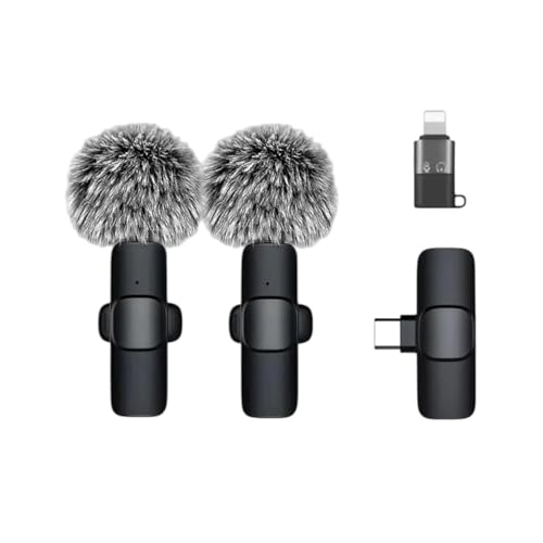 Image of K9 Dual Wireless Lavalier Microphone for Android /iPhone - 3-in-1 Collar Mic with USB-C & Lightning Plug | Furry Windscreens | Noise Cancellation, Vlogging, YouTube, Interviews, Reels for Kids and Adults. (Black)
