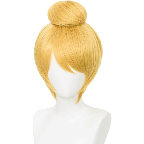 Half and Half Short Blonde Wig with Bangs & Bun Womens Golden Fairy Costume Wigs Synthetic Hair for Halloween Party Daily