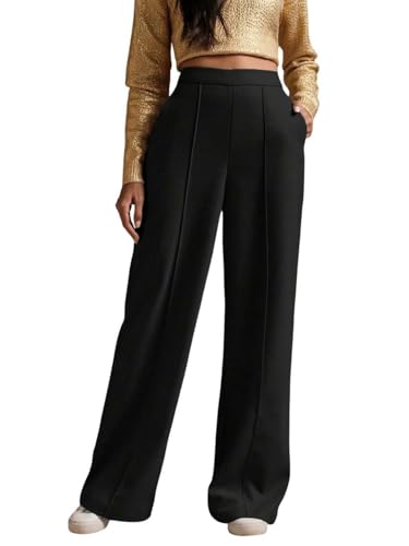 Image of KOTTY Women's High Waist Flared Wide Leg Trousers - Stylish Cotton Linen Palazzo Pants for Office Wear, Casual, and Straight fit