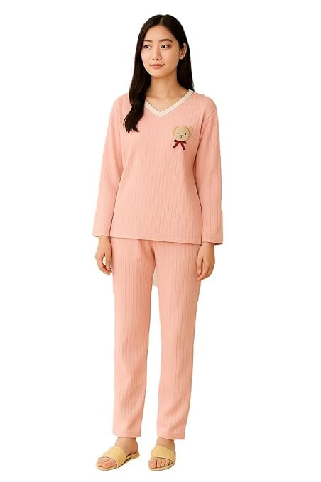 Light-Weight Pre Winter Night Suit Fleece Pajama for Women Set Loungewear Outfits Knit Sweater Women Long Sleeve Fuzzy Pajama Sets (Peach)