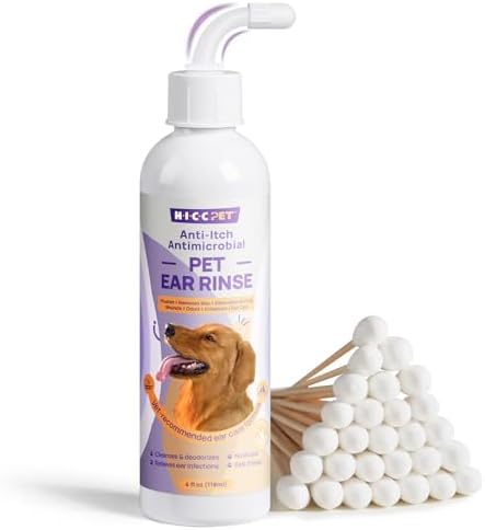 HICC PET Dog Ear Cleaner – Dog Ear Inflammation Therapy with 0.012% Hypochlorous Acid for Itch Relief, Soothe Ear Inflammation, Removes Wax, Odor, with 30 Cotton Swabs, 4 Fl oz