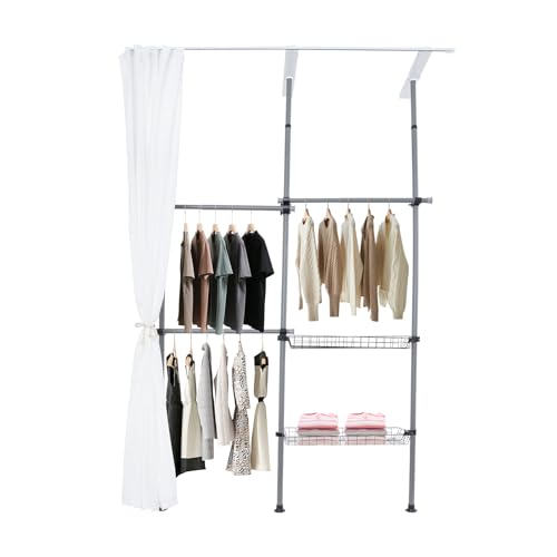 KANBCNG Armario abierto, vestidor ajustable, armario abierto, con 3 barras horizontales para ropa y 2 cestas de malla para techos de madera debajo (gris + blanco)