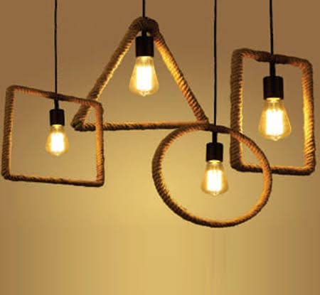 Image of Vintage Style 4 Shapes Chandelier Pack of 4 Lamp Rectangle, Triangle, Round, Square Hanging Pendant Ceiling Decorative Roof Light with Rope.(Without Bulb)