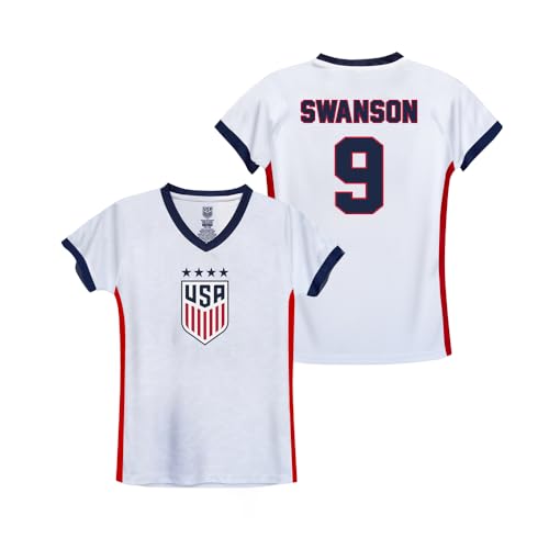Icon Sports Official Licensed U.S. Soccer 4 Star USWNT Player’s Girl's Game Day Shirt Tee - Youth Soccer Gear - Swanson, White, Red, Medium