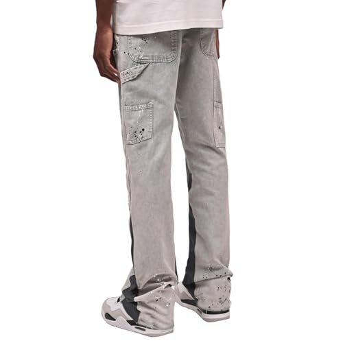 Men's Stacked Jeans Mid Rise Relaxed Fit Patchwork Straight Leg Denim Pants Retro Hip Hop Streetwear Trousers3